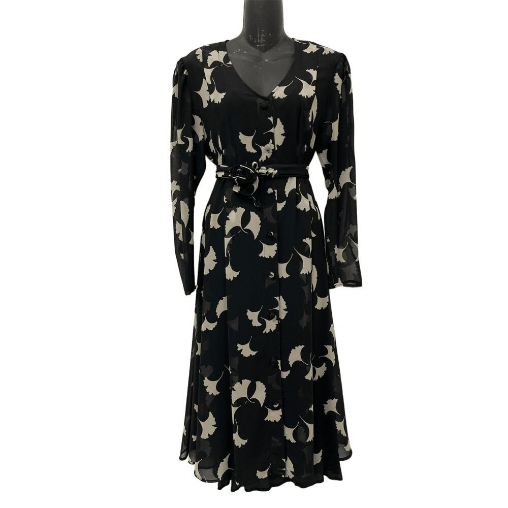 Vintage Albert Nipon Black White Floral Dress Georgette Sheer Layer 70s 80s Femi